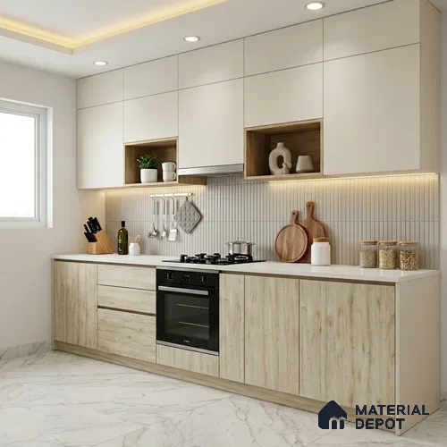 Beige Marble Look LM 02931 Cuneo Oak Light 8 ft x 4 ft Rough Veneer Finish Decorative Laminate - 1 mm | Suitable for TV Unit, Wardrobe, Kitchen Cabinets