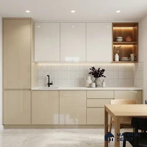 Creamy Beige Solid Colors Look LM 03034 Creama 8 ft x 4 ft Extra Glossy Finish Decorative Laminate - 1 mm | Suitable for Living Room, Kitchen, Office