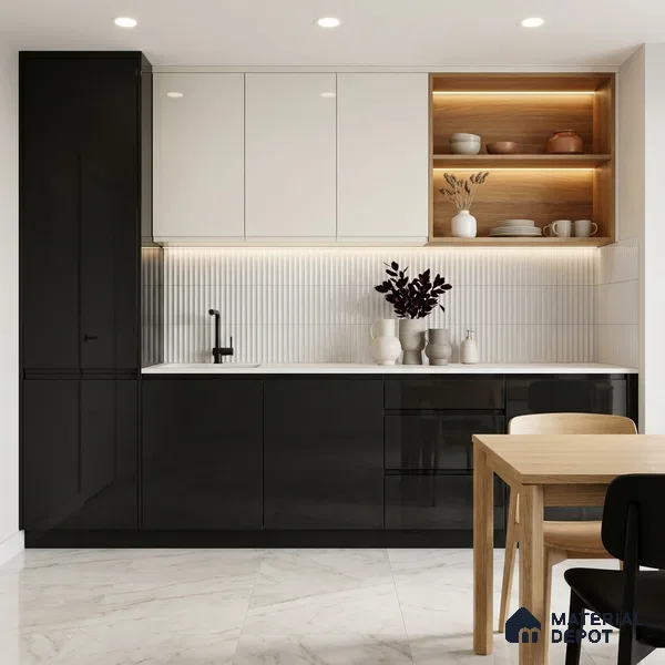 Black Solid Colors Look LM 03037 Natural Black 8 ft x 4 ft Extra Glossy Finish Decorative Laminate - 1 mm | Suitable for Living Room, Kitchen, Office