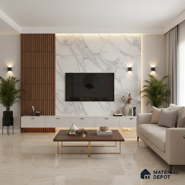 White Marble Look LM 03865 8 ft x 4 ft High Gloss Finish Decorative Laminate - 1 mm | Suitable for TV Unit, Wardrobe, Kitchen Cabinets