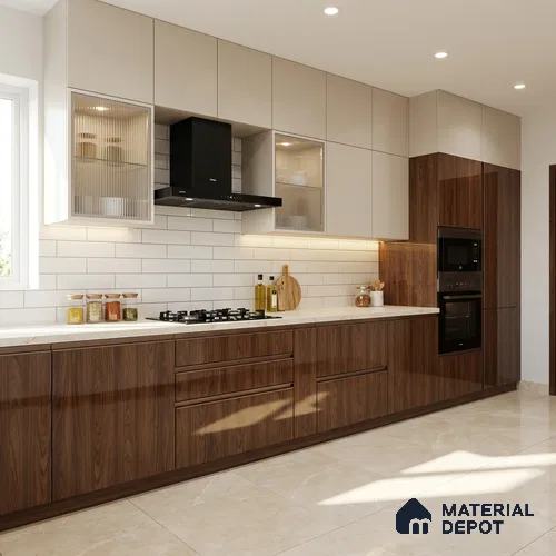 Wooden Look LM 03872 Modern Walnut 8 ft x 4 ft High Gloss Finish Decorative Laminate - 1 mm | Suitable for TV Unit, Wardrobe, Kitchen Cabinets