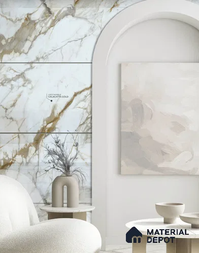 Calacatta Gold 8 ft x 4 ft High Gloss Finish Orison Series Marble Redefined PVC Laminate - 1.5 mm | Suitable for TV Unit, Wardrobe, Kitchen Cabinets