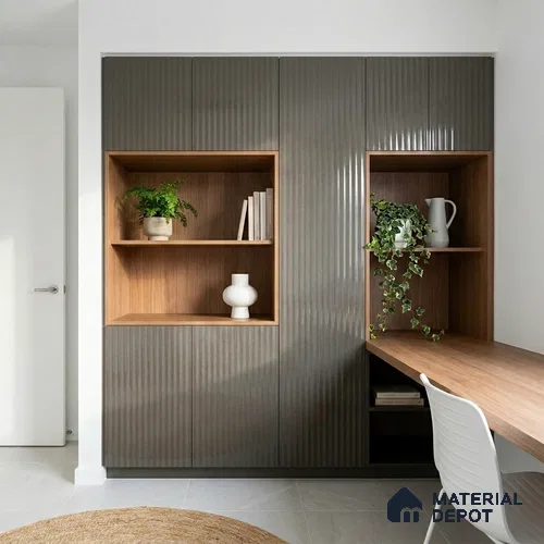 Roasted Almond Brown Fluted Solid Color Look LM 15484 Roasted Almond 8 ft x 4 ft Glossy Finish Decorative Laminate - 1 mm | Suitable for TV Unit, Wardrobe, Kitchen Cabinets