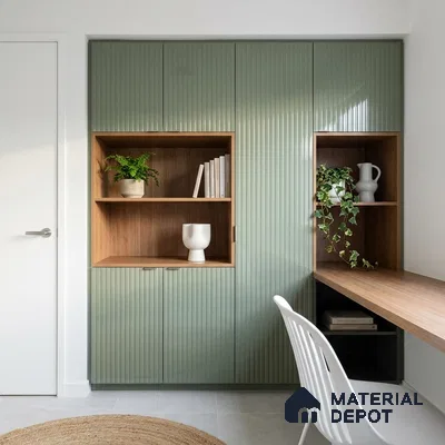 Dusty Sage Green Fluted Solid Color Look LM 15488 Duff 8 ft x 4 ft Glossy Finish Decorative Laminate - 1 mm | Suitable for TV Unit, Wardrobe, Kitchen Cabinets