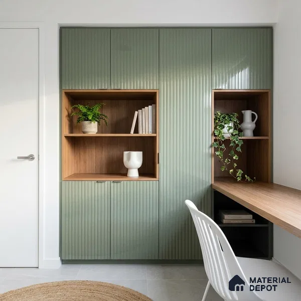 Dusty Sage Green Fluted Solid Color Look LM 15488 Duff 8 ft x 4 ft Glossy Finish Decorative Laminate - 1 mm | Suitable for TV Unit, Wardrobe, Kitchen Cabinets