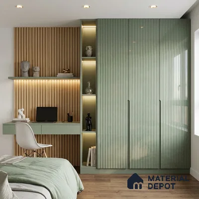 Dusty Sage Green Fluted Solid Color Look LM 15488 Duff 8 ft x 4 ft Glossy Finish Decorative Laminate - 1 mm | Suitable for TV Unit, Wardrobe, Kitchen Cabinets