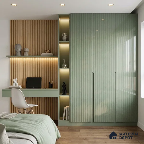 Dusty Sage Green Fluted Solid Color Look LM 15488 Duff 8 ft x 4 ft Glossy Finish Decorative Laminate - 1 mm | Suitable for TV Unit, Wardrobe, Kitchen Cabinets