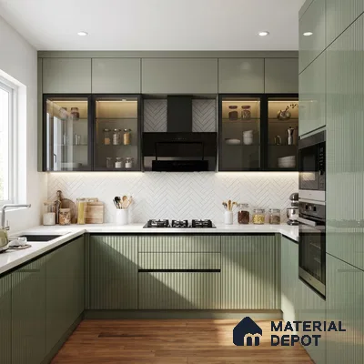 Dusty Sage Green Fluted Solid Color Look LM 15488 Duff 8 ft x 4 ft Glossy Finish Decorative Laminate - 1 mm | Suitable for TV Unit, Wardrobe, Kitchen Cabinets
