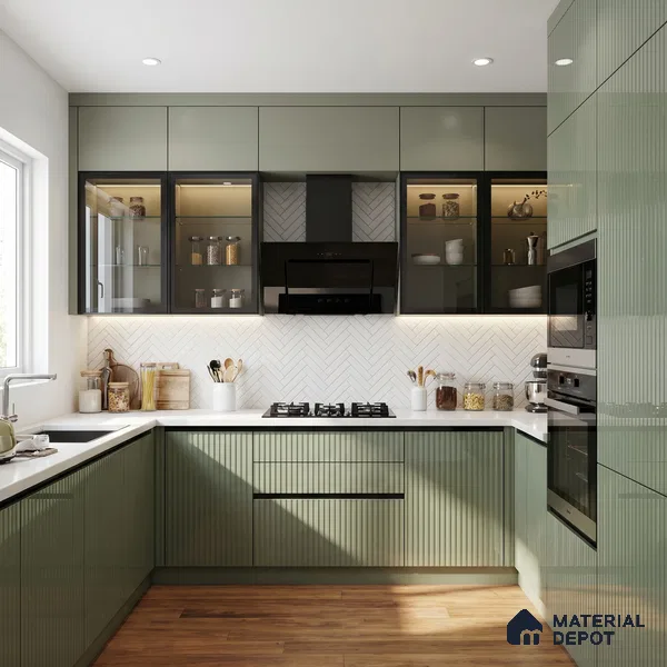 Dusty Sage Green Fluted Solid Color Look LM 15488 Duff 8 ft x 4 ft Glossy Finish Decorative Laminate - 1 mm | Suitable for TV Unit, Wardrobe, Kitchen Cabinets