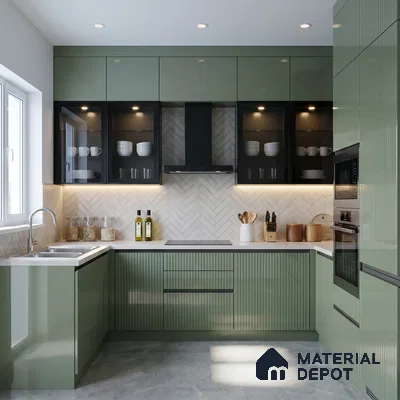 Dusty Sage Green Fluted Solid Color Look LM 15488 Duff 8 ft x 4 ft Glossy Finish Decorative Laminate - 1 mm | Suitable for TV Unit, Wardrobe, Kitchen Cabinets