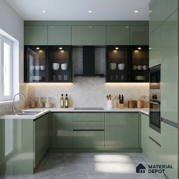 Dusty Sage Green Fluted Solid Color Look LM 15488 Duff 8 ft x 4 ft Glossy Finish Decorative Laminate - 1 mm | Suitable for TV Unit, Wardrobe, Kitchen Cabinets