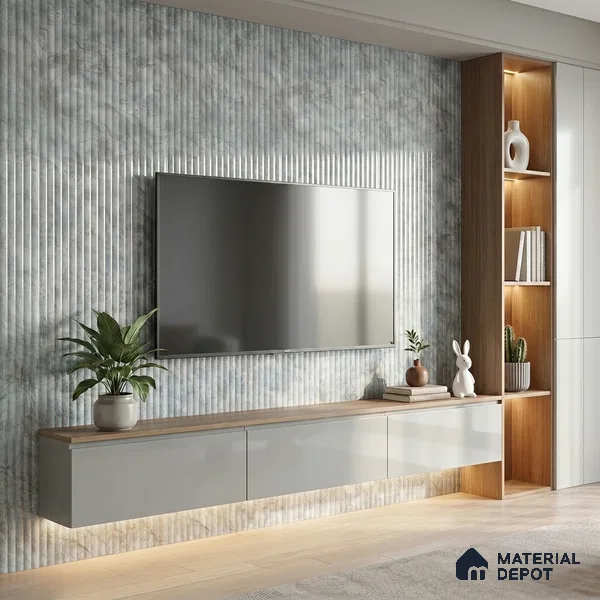 Marble Fluted Look LM 15496 Golden Vein Stone 8 ft x 4 ft Glossy Finish Decorative Laminate - 1 mm | Suitable for TV Unit, Wardrobe, Kitchen Cabinets