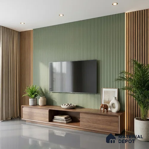Sage Green Fluted Solid Color Look LM 15517 Fornum & Mason 8 ft x 4 ft Texture Finish Decorative Laminate - 1 mm | Suitable for TV Unit, Wardrobe, Kitchen Cabinets