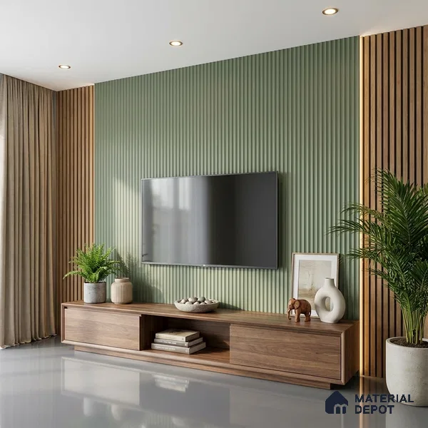 Sage Green Fluted Solid Color Look LM 15517 Fornum & Mason 8 ft x 4 ft Texture Finish Decorative Laminate - 1 mm | Suitable for TV Unit, Wardrobe, Kitchen Cabinets