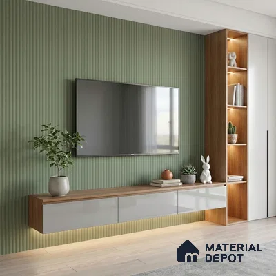 Sage Green Fluted Solid Color Look LM 15517 Fornum & Mason 8 ft x 4 ft Texture Finish Decorative Laminate - 1 mm | Suitable for TV Unit, Wardrobe, Kitchen Cabinets