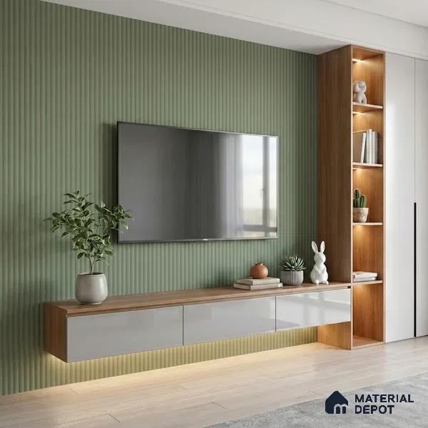 Sage Green Fluted Solid Color Look LM 15517 Fornum & Mason 8 ft x 4 ft Texture Finish Decorative Laminate - 1 mm | Suitable for TV Unit, Wardrobe, Kitchen Cabinets
