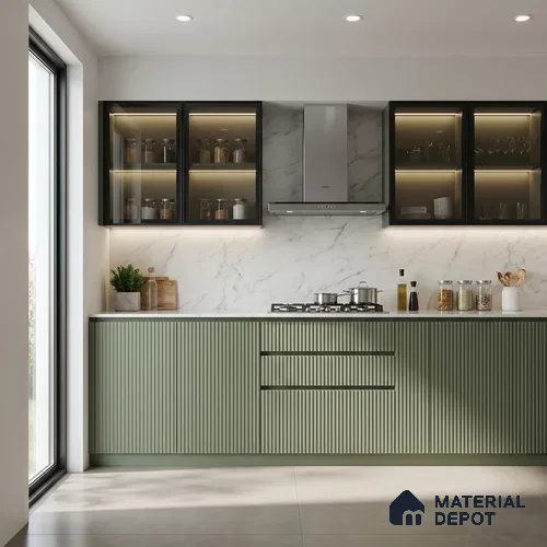 Sage Green Fluted Solid Color Look LM 15517 Fornum & Mason 8 ft x 4 ft Texture Finish Decorative Laminate - 1 mm | Suitable for TV Unit, Wardrobe, Kitchen Cabinets