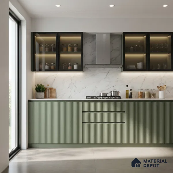 Sage Green Fluted Solid Color Look LM 15517 Fornum & Mason 8 ft x 4 ft Texture Finish Decorative Laminate - 1 mm | Suitable for TV Unit, Wardrobe, Kitchen Cabinets