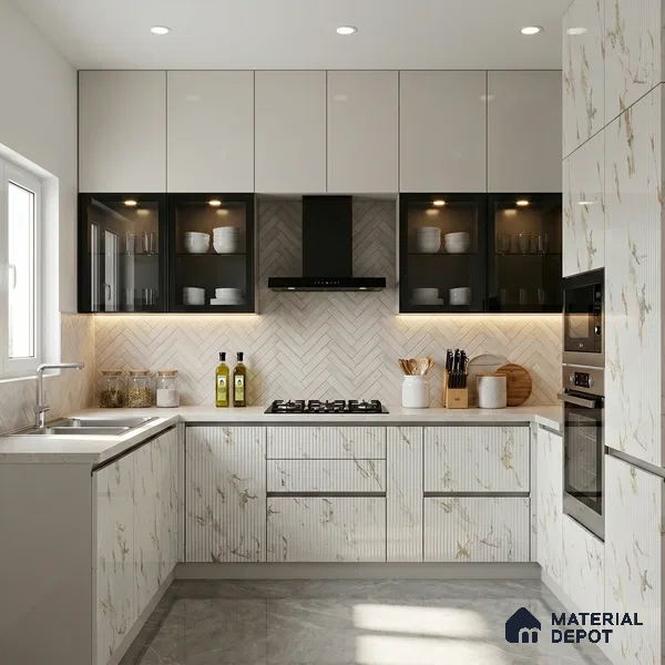 Marble Fluted Look LM 15554 Creamy Venetino 8 ft x 4 ft Glossy Finish Decorative Laminate - 1 mm | Suitable for TV Unit, Wardrobe, Kitchen Cabinets