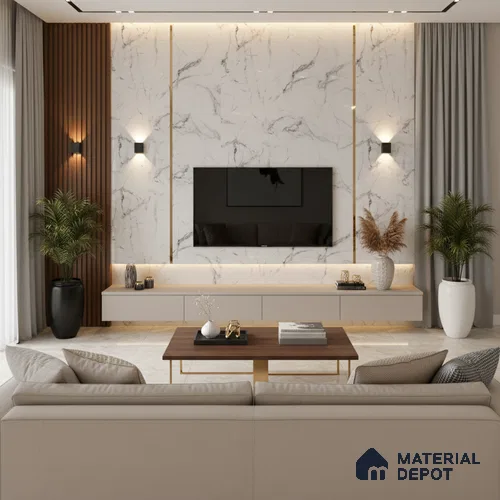 White Marble Look LM 17421 10 ft x 4 ft High Gloss Finish Decorative Laminate - 1 mm | Suitable for TV Unit, Wardrobe, Kitchen Cabinets