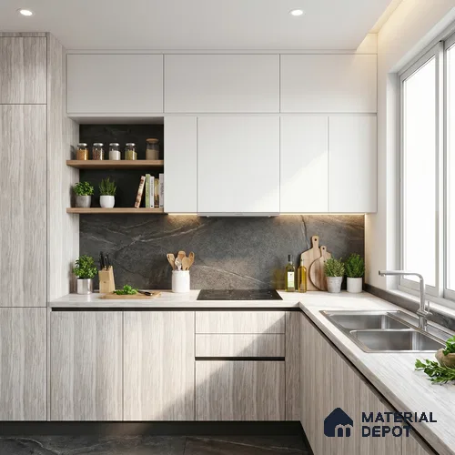 White Marble Look LM 18814 8 ft x 4 ft Texture Finish Decorative Laminate - 1 mm | Suitable for TV Unit, Wardrobe, Kitchen Cabinets