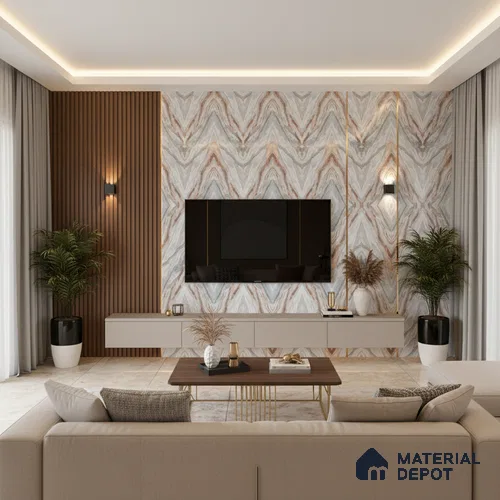 Beige Marble Look LM 20131 8 ft x 4 ft Glossy Finish Decorative Laminate - 1 mm | Suitable for TV Unit, Wardrobe, Kitchen Cabinets