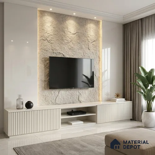Fluted Solid Color Look LM 23454 (A GLT 01) Pearl Ivory 8 ft x 4 ft Glittery Flute High Gloss Finish Decorative Laminate - 1 mm | Suitable for TV Unit, Wardrobe, Kitchen Cabinets