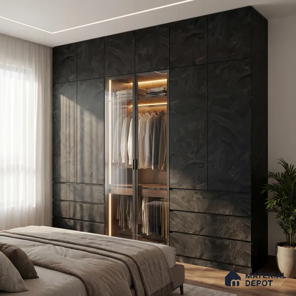 LM 23546 (SPU 7282) Jet Black Marble 8 ft x 4 ft Silky PU Finish Decorative Laminate - 1 mm | Suitable for TV Unit, Wardrobe, Kitchen Cabinets