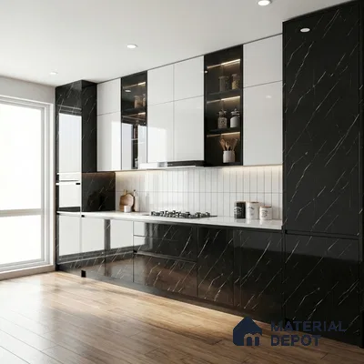 Black Marble Acrylic Laminate LM 24304 8 ft x 4 ft High Gloss Finish - 1.5 mm | Suitable for TV Unit, Wardrobe, Cabinets