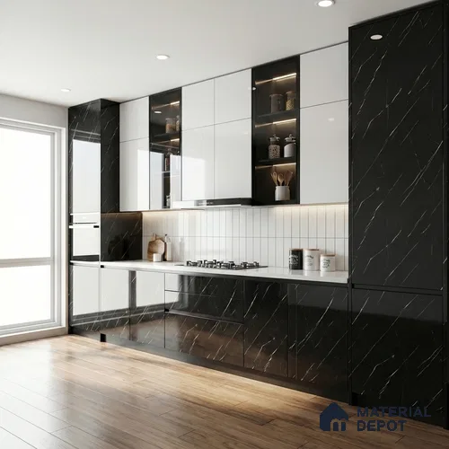 Black Marble Acrylic Laminate LM 24304 8 ft x 4 ft High Gloss Finish - 1.5 mm | Suitable for TV Unit, Wardrobe, Cabinets