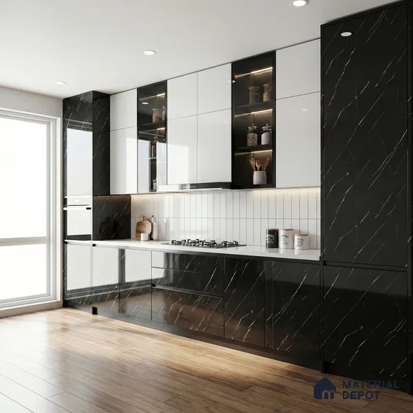 Black Marble Acrylic Laminate LM 24304 8 ft x 4 ft High Gloss Finish - 1.5 mm | Suitable for TV Unit, Wardrobe, Cabinets
