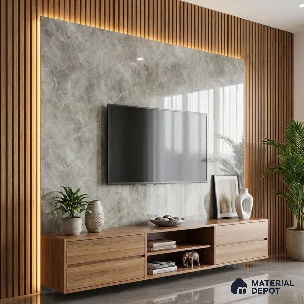 Grey Marble Acrylic Laminate LM 24309 8 ft x 4 ft High Gloss Finish - 1.5 mm | Suitable for TV Unit, Wardrobe, Cabinets