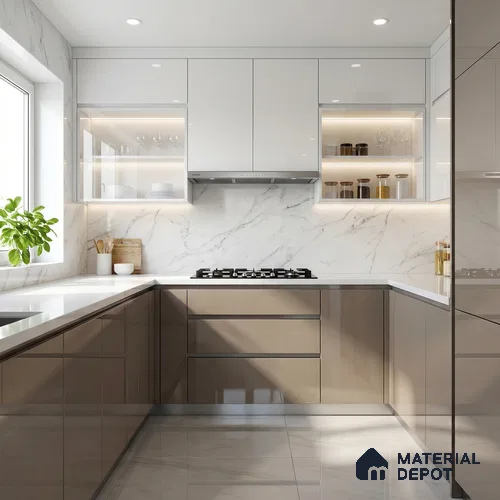Taupe Grey Metallic Look Acrylic Laminate LM 24328 8 ft x 4 ft High Gloss Finish - 1.5 mm | Matching Edgeband code - EB 02118 | Suitable for Living Room, Kitchen, Office