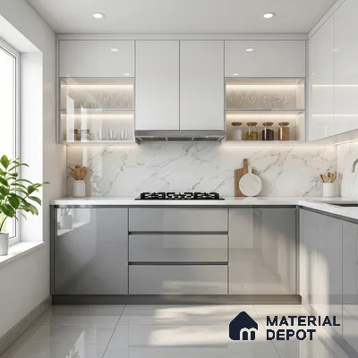 Light Grey Solid Color Acrylic Laminate LM 24334 8 ft x 4 ft High Gloss Finish - 1.5 mm | Matching Edgeband code - EB 02124 | Suitable for Living Room, Kitchen, Office