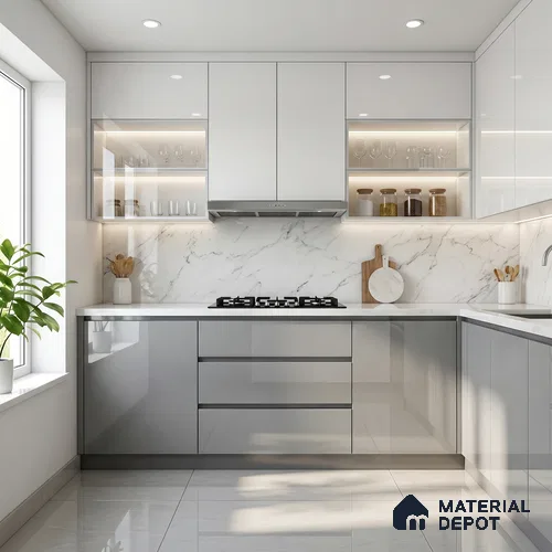 Light Grey Solid Color Acrylic Laminate LM 24334 8 ft x 4 ft High Gloss Finish - 1.5 mm | Matching Edgeband code - EB 02124 | Suitable for Living Room, Kitchen, Office