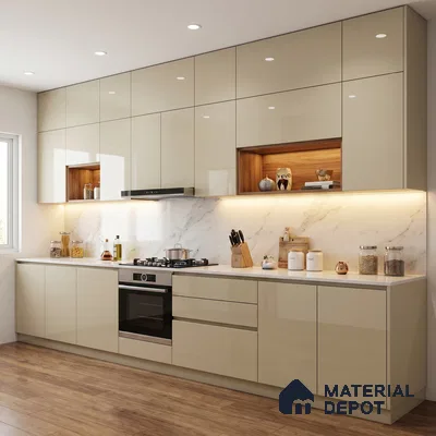 Warm Beige Solid Color Acrylic Laminate LM 24526 8 ft x 4 ft High Gloss Finish - 1.5 mm | Matching Edgeband code - EB 02087 | Suitable for Living Room, Kitchen, Office
