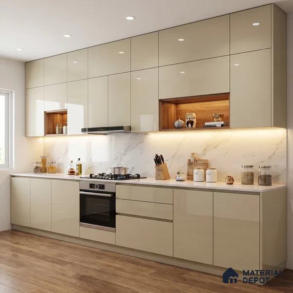 Warm Beige Solid Color Acrylic Laminate LM 24526 8 ft x 4 ft High Gloss Finish - 1.5 mm | Matching Edgeband code - EB 02087 | Suitable for Living Room, Kitchen, Office