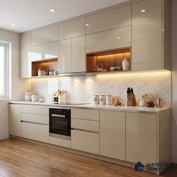 Soft Cream Solid Color Acrylic Laminate LM 24527 8 ft x 4 ft High Gloss Finish - 1.5 mm | Matching Edgeband code - EB 02079 | Suitable for Living Room, Kitchen, Office