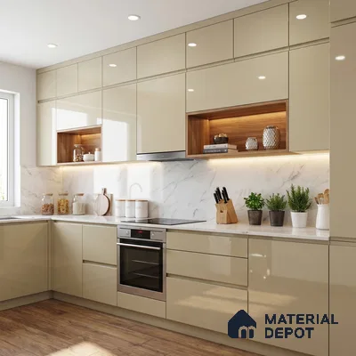 Warm Beige Solid Color Acrylic Laminate LM 24528 8 ft x 4 ft High Gloss Finish - 1.5 mm | Matching Edgeband code - EB 02071 | Suitable for Living Room, Kitchen, Office