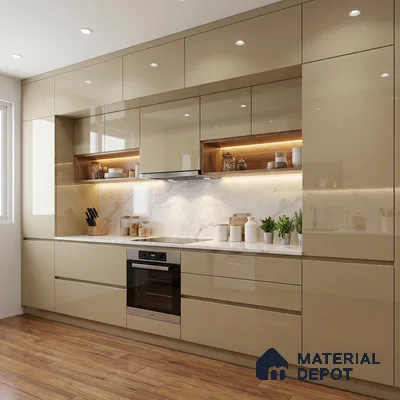 Warm Taupe Beige Solid Color Acrylic Laminate LM 24533 8 ft x 4 ft High Gloss Finish - 1.5 mm | Matching Edgeband code - EB 02081 | Suitable for Living Room, Kitchen, Office