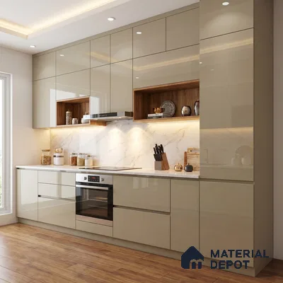 Warm Taupe Beige Solid Color Acrylic Laminate LM 24535 8 ft x 4 ft High Gloss Finish - 1.5 mm | Matching Edgeband code - EB 02070 | Suitable for Living Room, Kitchen, Office
