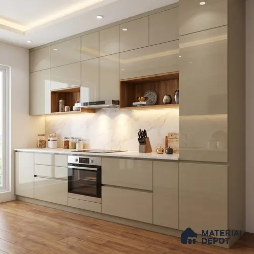 Warm Taupe Beige Solid Color Acrylic Laminate LM 24535 8 ft x 4 ft High Gloss Finish - 1.5 mm | Matching Edgeband code - EB 02070 | Suitable for Living Room, Kitchen, Office