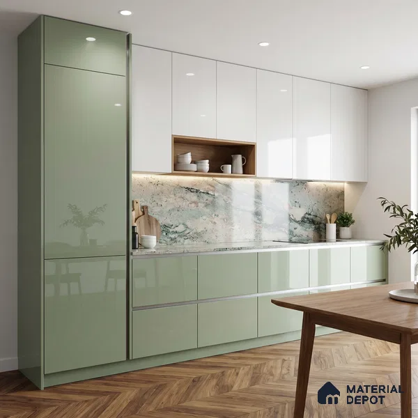 Sage Green Solid Color Acrylic Laminate LM 24544 8 ft x 4 ft High Gloss Finish - 1.5 mm | Matching Edgeband code - EB 02091 | Suitable for Living Room, Kitchen, Office