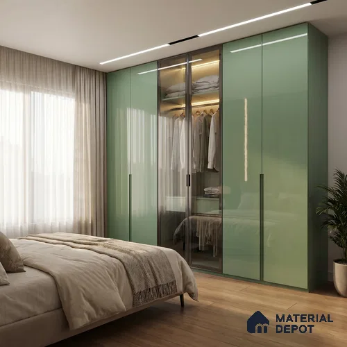 Sage Green Solid Color Acrylic Laminate LM 24544 8 ft x 4 ft High Gloss Finish - 1.5 mm | Matching Edgeband code - EB 02091 | Suitable for Living Room, Kitchen, Office