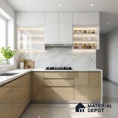 Beige  Acrylic Laminate LM 24550 8 ft x 4 ft High Gloss Finish - 1.5 mm | Matching Edgeband code - EB 02110 | Suitable for TV Unit, Wardrobe, Cabinets