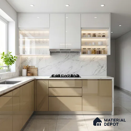 Beige  Acrylic Laminate LM 24550 8 ft x 4 ft High Gloss Finish - 1.5 mm | Matching Edgeband code - EB 02110 | Suitable for TV Unit, Wardrobe, Cabinets