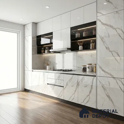 White Marble Acrylic Laminate LM 24552 8 ft x 4 ft High Gloss Finish - 1.5 mm | Suitable for TV Unit, Wardrobe, Cabinets