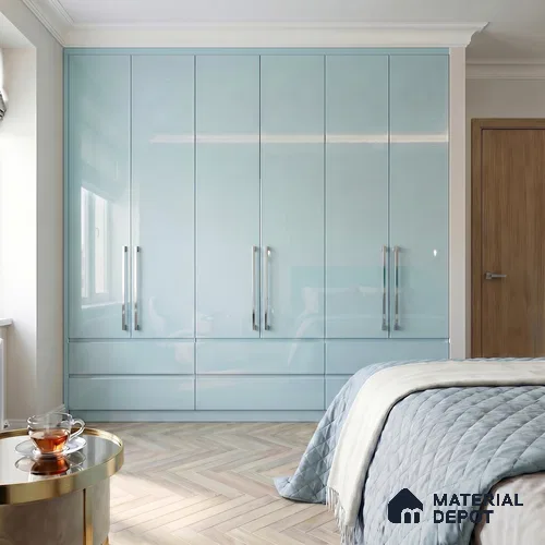 Powder Blue Solid Color Acrylic Laminate LM 24627 8 ft x 4 ft High Gloss Finish - 1.5 mm | Matching Edgeband code - EB 02093 | Suitable for Living Room, Kitchen, Office