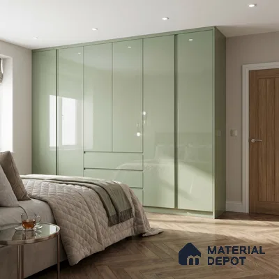 Sage Green Solid Color Acrylic Laminate LM 24628 8 ft x 4 ft High Gloss Finish - 1.5 mm | Matching Edgeband code - EB 02094 | Suitable for Living Room, Kitchen, Office