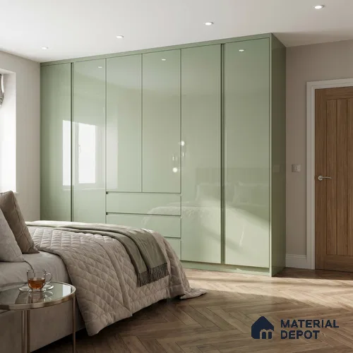 Sage Green Solid Color Acrylic Laminate LM 24628 8 ft x 4 ft High Gloss Finish - 1.5 mm | Matching Edgeband code - EB 02094 | Suitable for Living Room, Kitchen, Office
